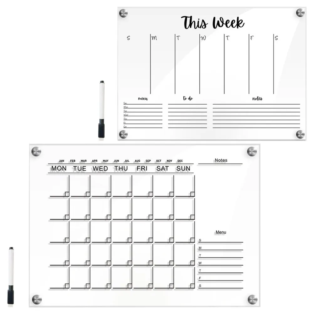 2Set Papan Memo Akrilik Bening Dapat Dihapus dengan Lap Kering untuk Kantor, Dapur, Pesta, Pernikahan, Perencana Mingguan, Pesan