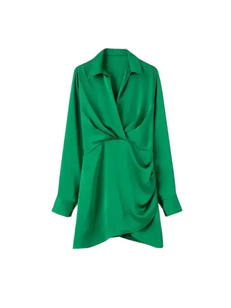 Women Fashion With Gathered Satin Mini Dress Vintage V Neck Long Sleeve Female Dresses Vestidos Mujer