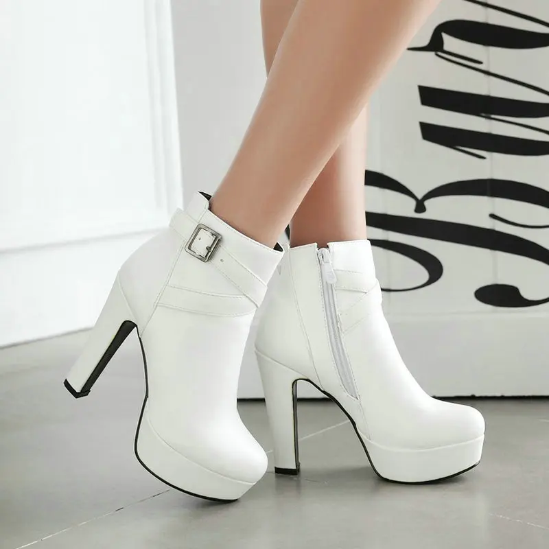 

Plus Size 33-44 Pure White Round Toe Block High Heels Stiletto Winter Shoes Cross-strap Platform Short Ankle Concise Boots