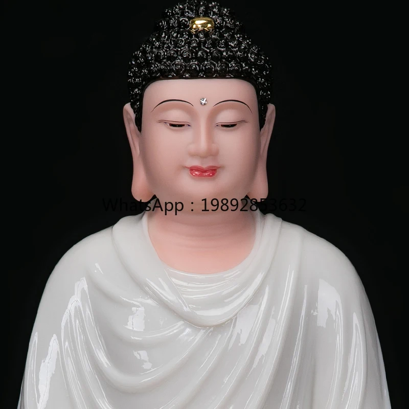 

XL Buddha Statue Shakyamuni Buddha Statue White Jade Stone Carving Three Treasures Buddha Home Decoration