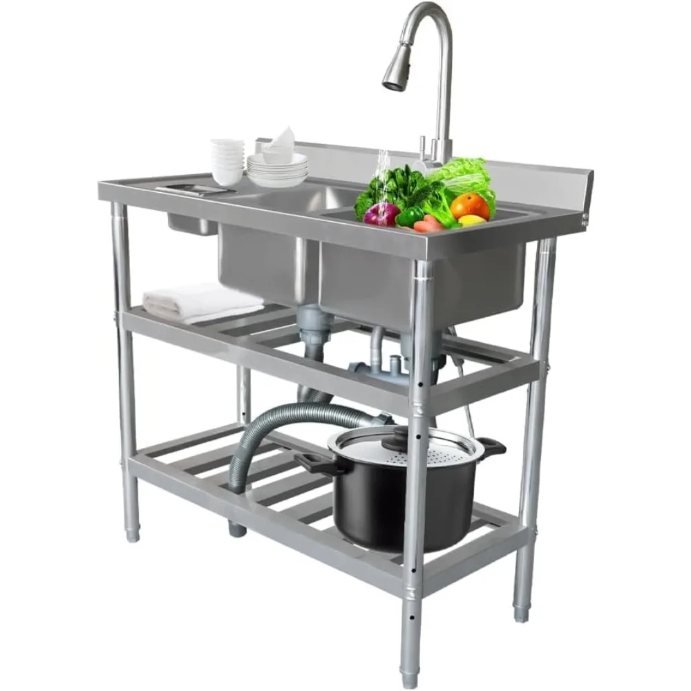 

Qian Kun 304 Stainless Steel Freestanding Utility Sink with Pull-Down Spray and NSF-Certified Drain for Outdoor/Commercial Use