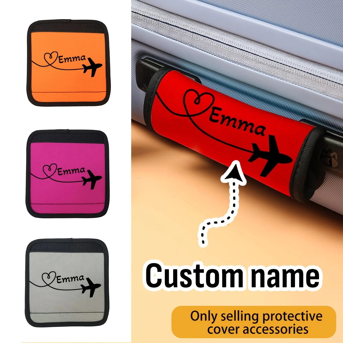 Custom Name Luggage Handle Wrap, Personalised Airplane Heart-Shaped Pattern Suitcase Grip Cover, Travel Luggage Identifier