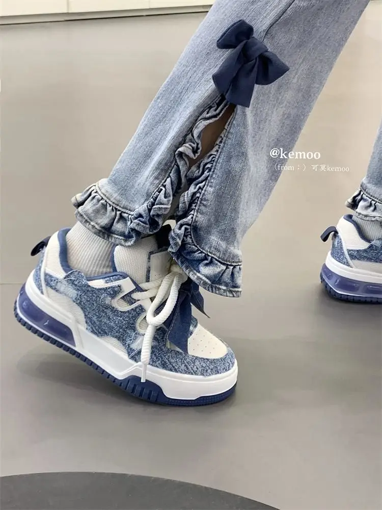 Bow Blue Kawaii Shoes Platform Sneakers Women Tennis Female Flats Vintage Vulcanize Cute Korean Fashion Spring Summer 2024