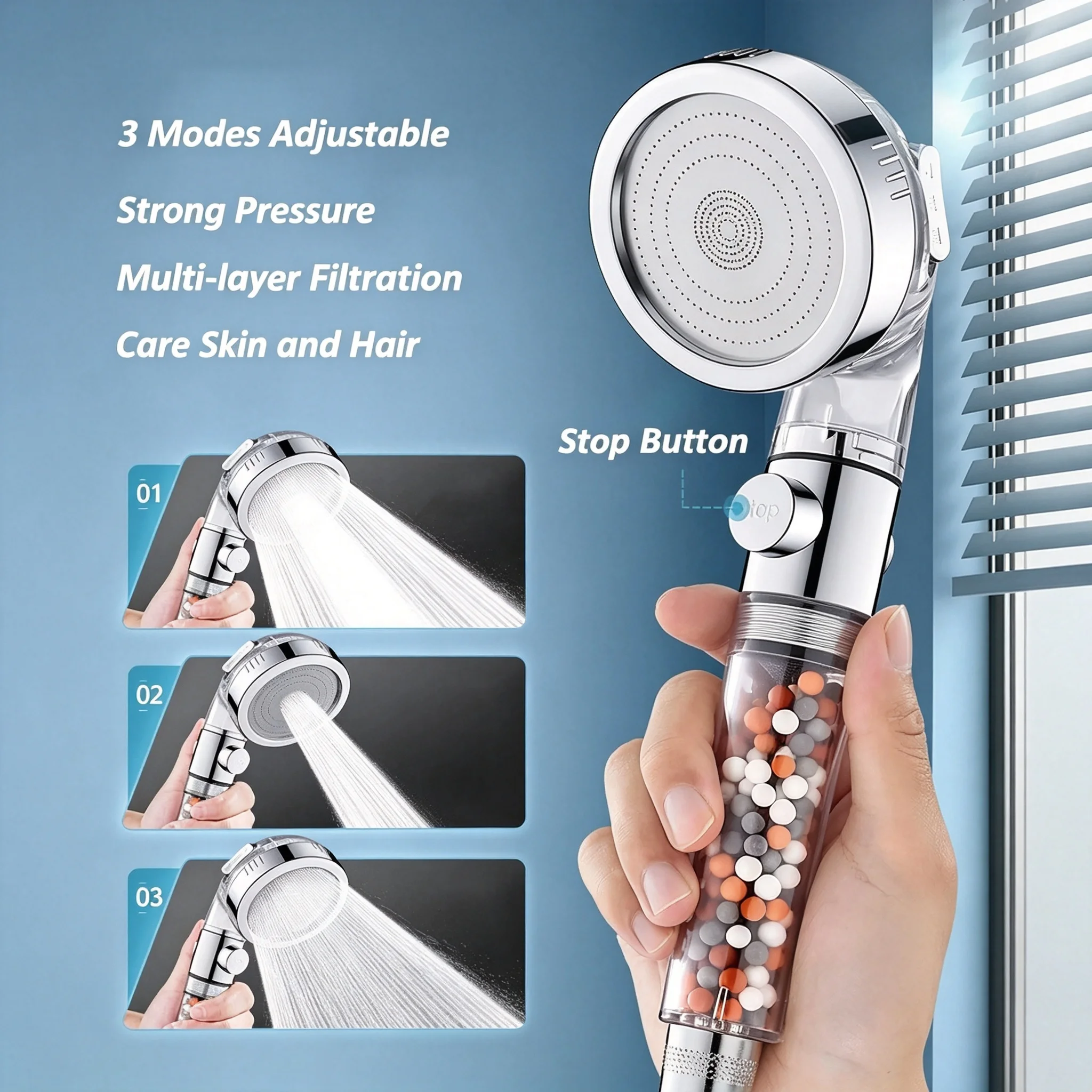 

High-Quality Handheld Filter Showerhead with Switch for High Pressure 3 Water Outlet Modes Activated Carbon Filters Impurities