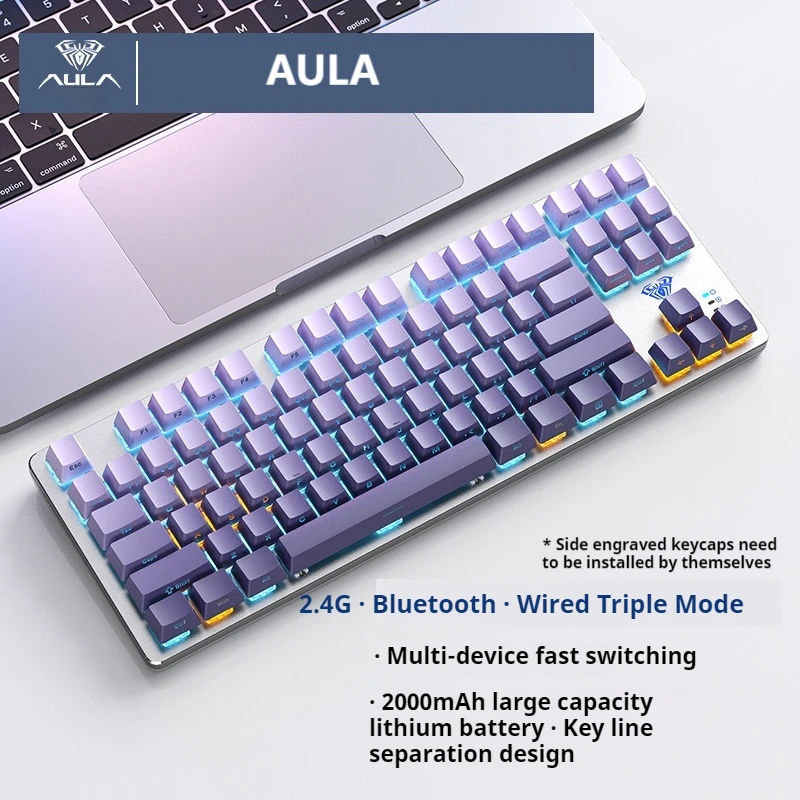 Aula F3287 Side Carved Mechanical Keyboard The Tri Mode 2.4g Wireless Bluetooth Cable Red Axis Gaming Portable Keyboard 87 Keys