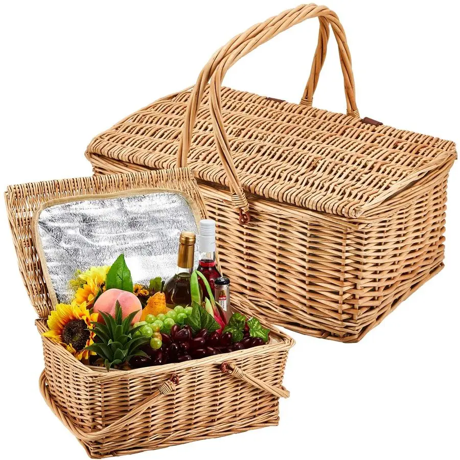 

2 Pcs Wicker Picnic Basket with Insulated Cooler Bag Lids Vintage Picnic Hamper with Folding Woven Handle for Camping Summer Out