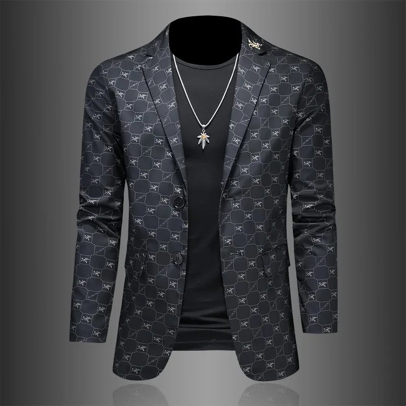 

Spring 2024 Men's Slim Fit Casual Print Jacket Thin Business Leisure Outerwear Fashionable Long Sleeve Standard Style Coat