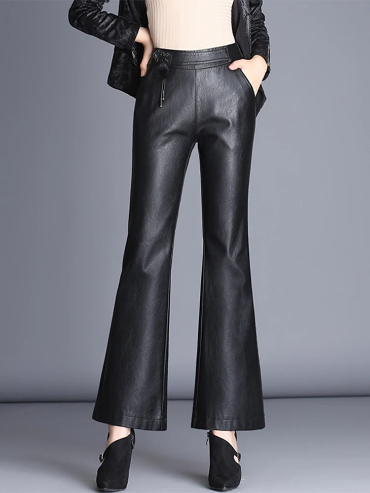 2025 Autumn/Winter New Solid Color Leather Pants Women Slim and High Waist Split Design Micro Flared Nine Cropped Pants