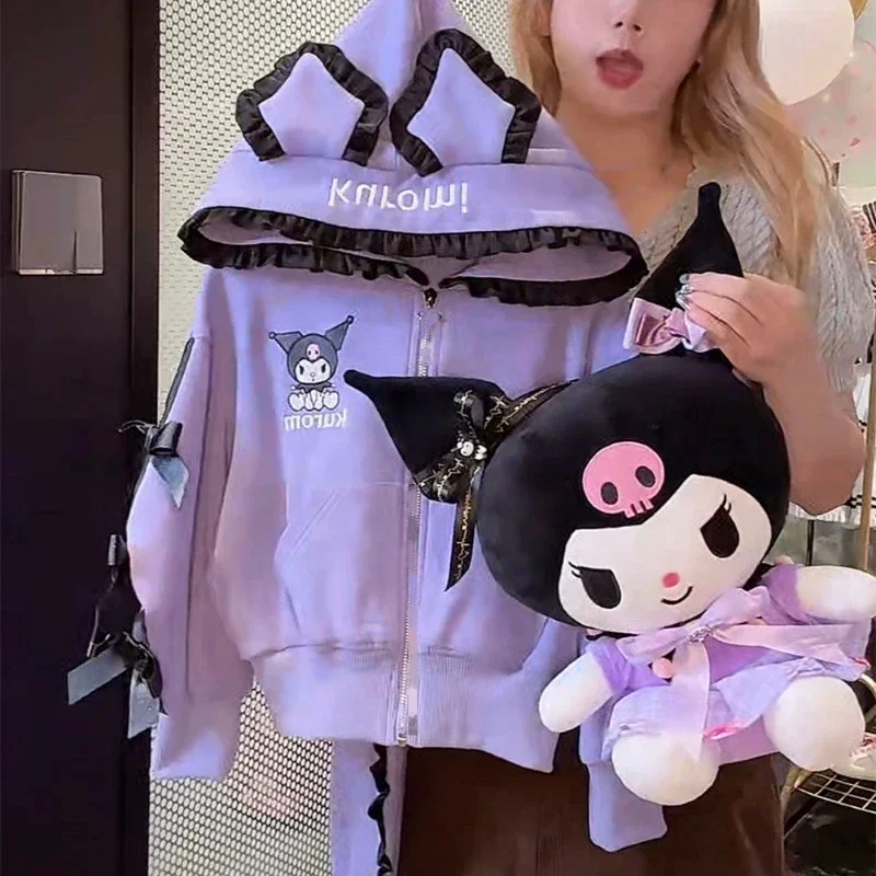 Sanrio Girls Autumn Kawaii Kuromi Casual Suit New Fashionable and Cute Middle and Large Children Hooded Top Two-piece Set