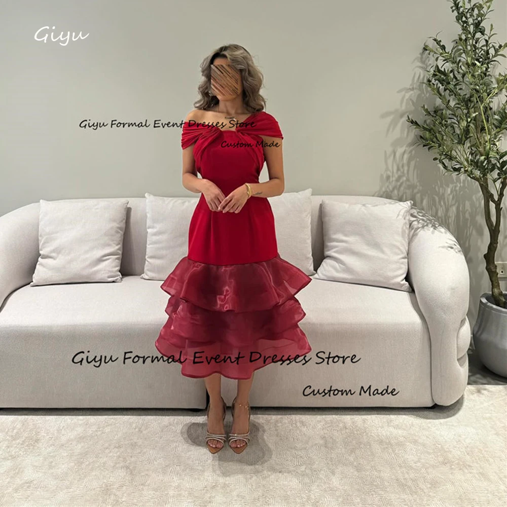 

Giyu Red Mermaid Evening Dresses Saudi Arabic Off Shoulder Tiered Layered Tea Length Prom Gowns Formal Party Dress