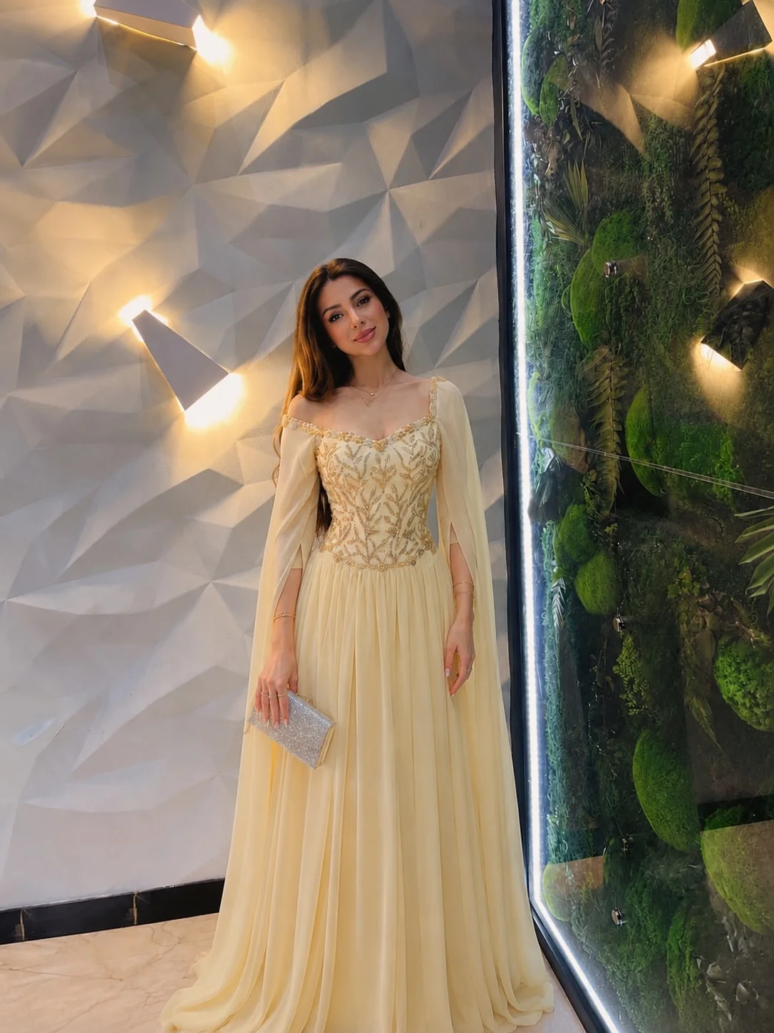 Soft Pale Yellow Evening Maxi Dress Sweetheart Off Shoulder Neck Detachable Cape Flared Long Sleeve Bodice Gold Leaf Thread Embr