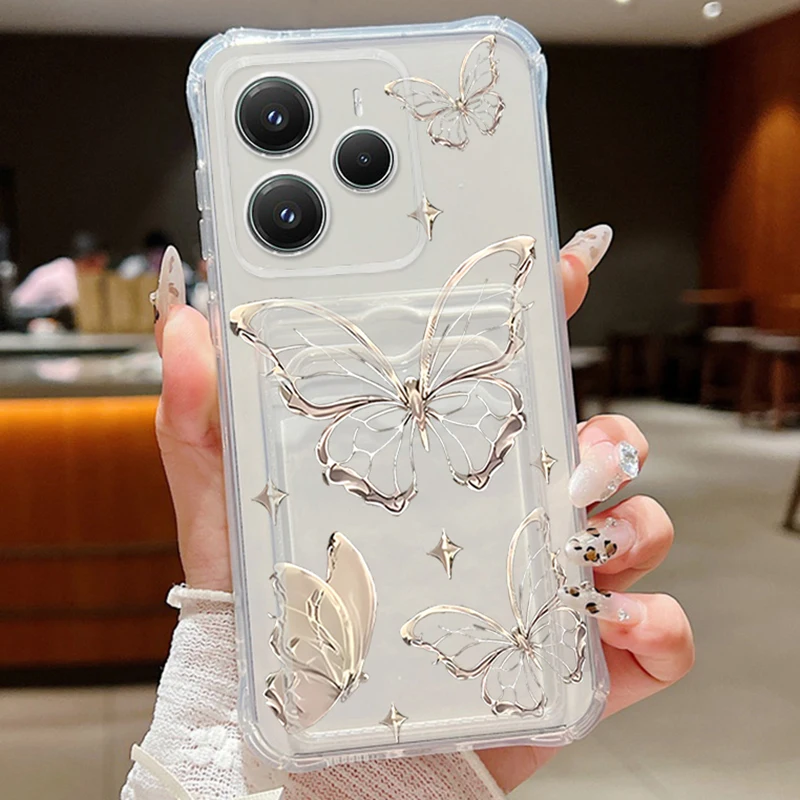Bolsa carteira com estampa de borboleta dourada, capa carteira para xiaomi redmi note 13 14 12 11 pro 5g note 13 14 14c 13c 4g, capa transparente e macia para telefone