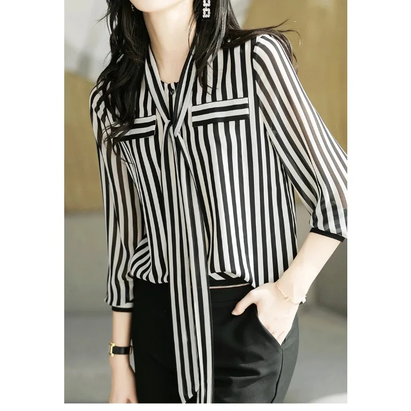 

Summer Autumn Elegant Fashion office lady Striped Printing fashion woman blouses 2024 Temperament Long Sleeve Shirt t shirt wome