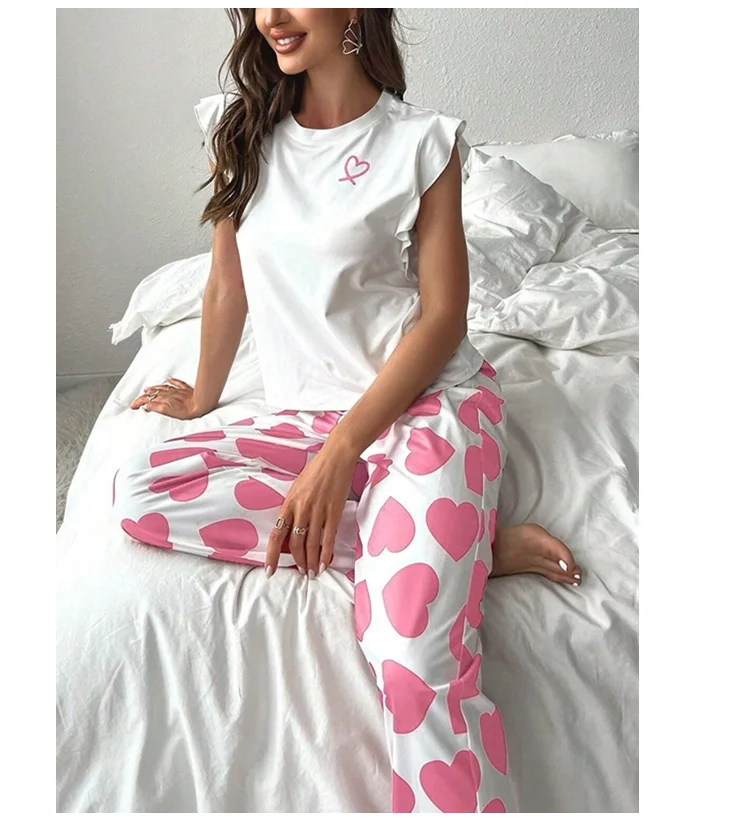 Herz & Brief gedruckt Damen Pyjama Pj Set weiche Kurzarm Tops & elastische Taille Hosen Pyjama Pijama Femme Casual Home Kleidung – Detail 10
