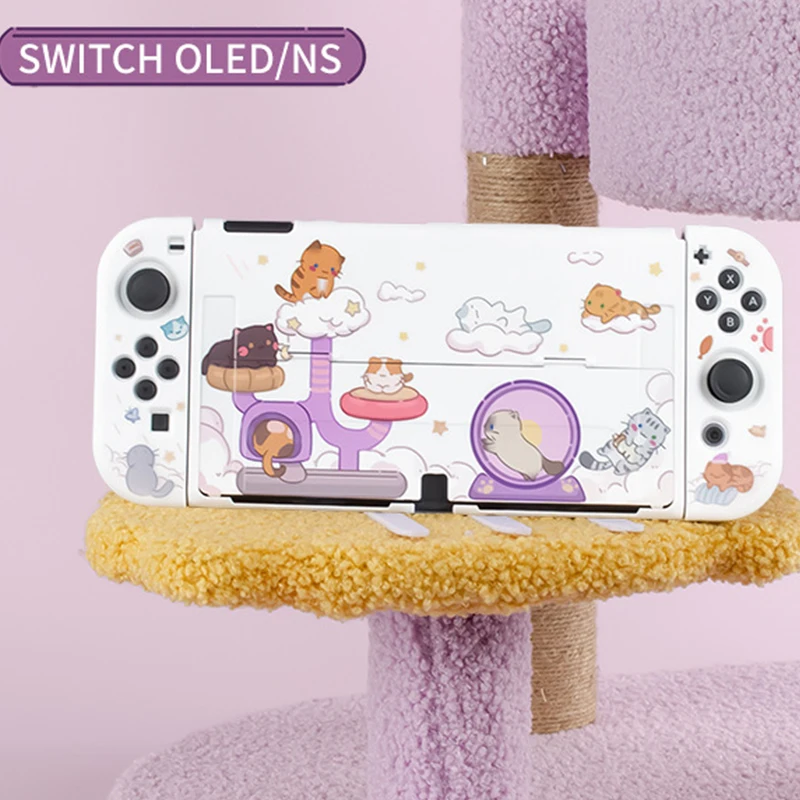 

Nintendo Switch OLED Protective Case Lovely Cat Party Hard PC Cover JoyCons Controller Game Housing For Switch OLED Accessory