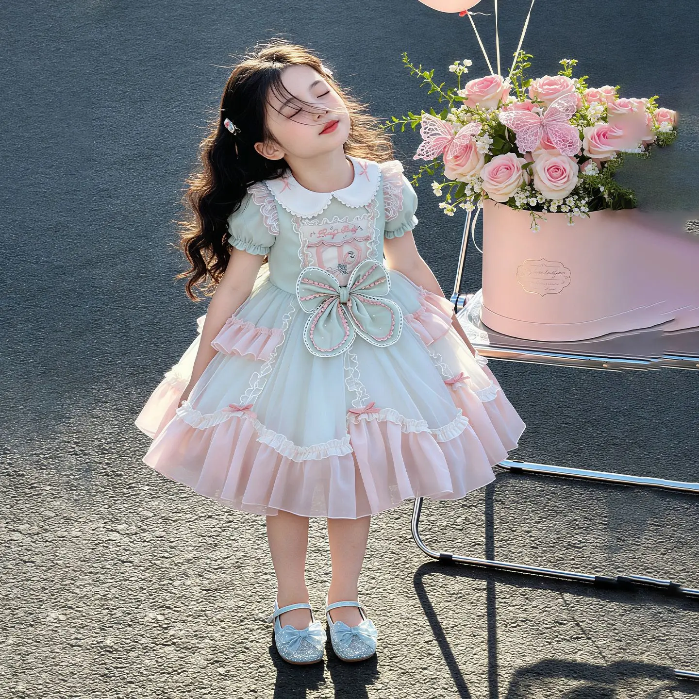 Spring Autumn Spanish Vintage Royal Palace Princess Lace Gauze Dress Girl Kawaii Lolita Clothes Elegant Party Evening Tulle Lace