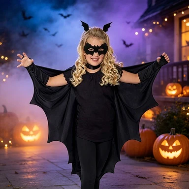 Integrated Bat Wing Cape with Sleeves Black Halloween Costume for Children Adults Themed Party Role Play Wear