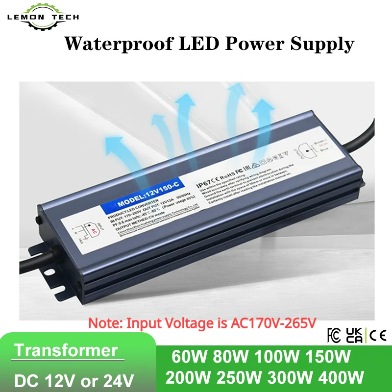 LED Driver Waterproof IP67 Power Supply 150W 200W Transformer 220V To DC 12V 24V Adapter CCTV Power Accessories 400W 300W