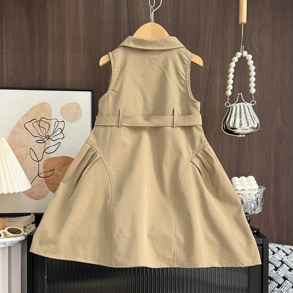 Bear Leader Mode Mädchen Windschutz Kleider Sommer ärmellose Arbeitsoutfits mit Bund einfarbige Kinderkleidung – Detail 3