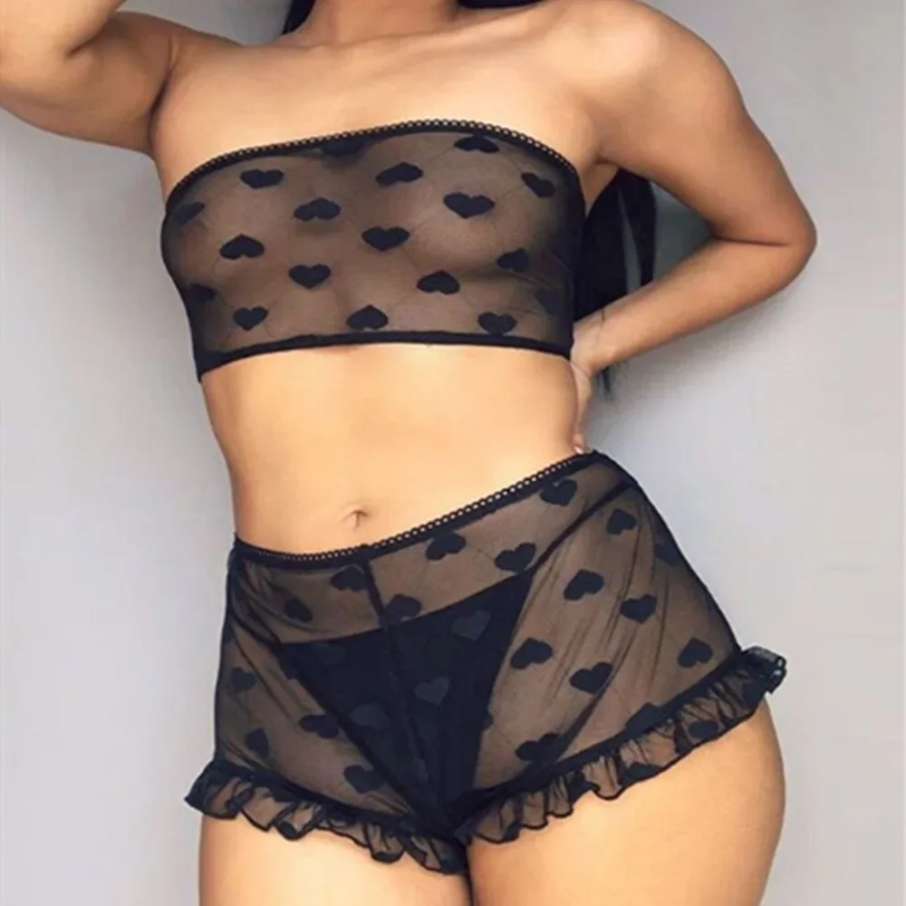 Women Pajamas Lace Heart Pattern Sexy Lingerie See Through Mesh Crop Tops and High Waist Ruffle Panty Pijamas Set