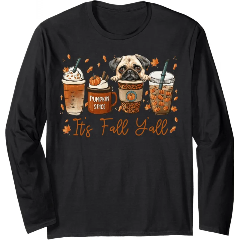 Thanksgiving long sleeved T-shirt coffee pumpkin spice latte pattern design men's top