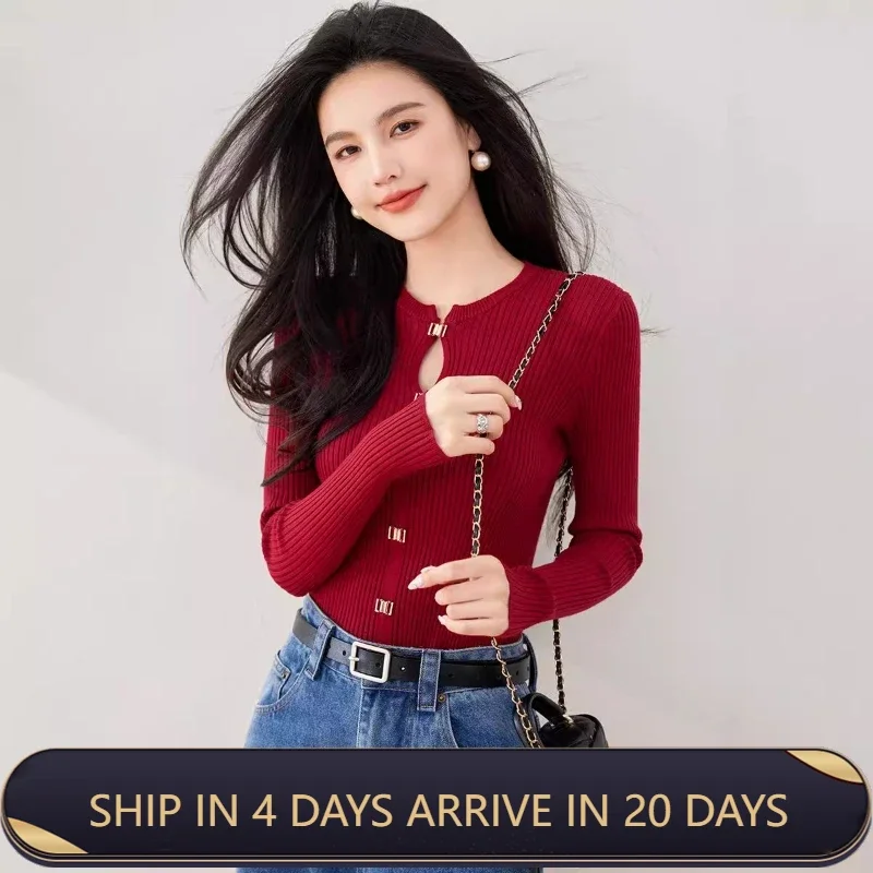 French Slim Fit Red Sweater For Women Autumn Winter New Metal Button V Neck Knitted Inner Sweater That Flatters Your Figure