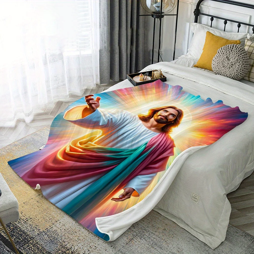 Soft and Warm Polyester Jesus-Themed Blanket - Multifunctional Religious Quilt, Suitable for Sofa,, Office, Camping, Travel - Li