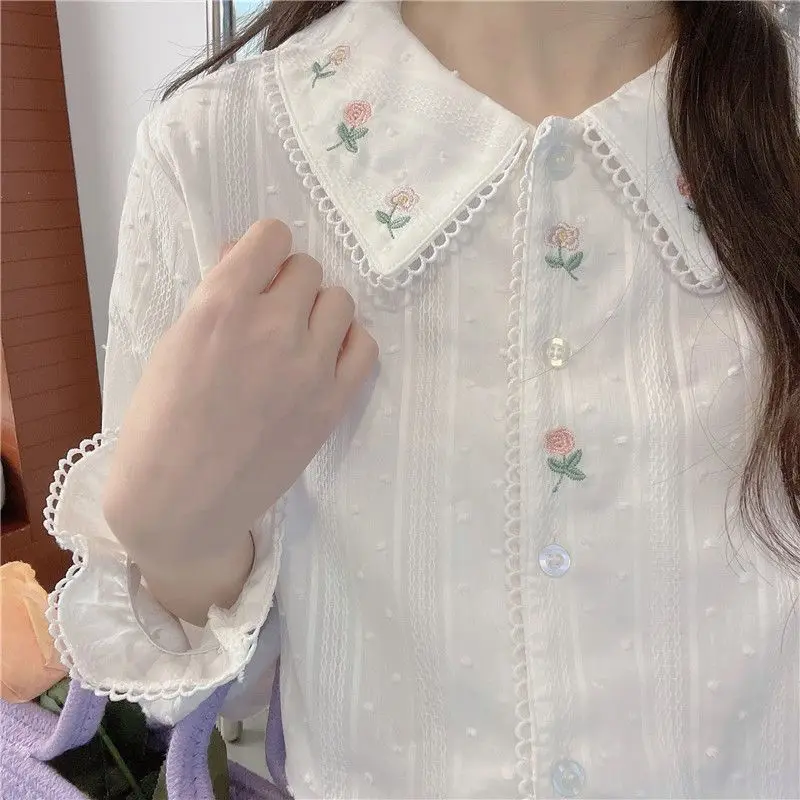 Embroidery Women Shirt Korean Floral Long Sleeve Top Female Casual Autumn Fashion Woman Blouse 2024 Ruffles Button Clothes 2024