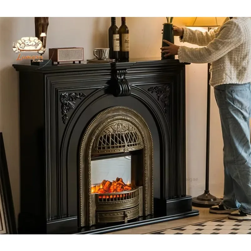 French retro fireplace cabinet Solid wood porch Simulation fire style fireplace decorative Wall cabinet intrated