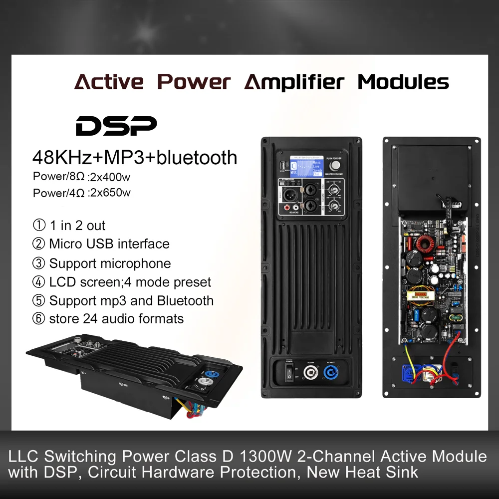 Módulo amplificador de potencia digital profesional SenMicre PDA1300+CQ190 de 2 canales y 48 KHz con DSP Módulo amplificador de altavoz activo de 2 x 400 W y 8 ohmios Amplificador de sonido de subwoofer con Bluetooth y
