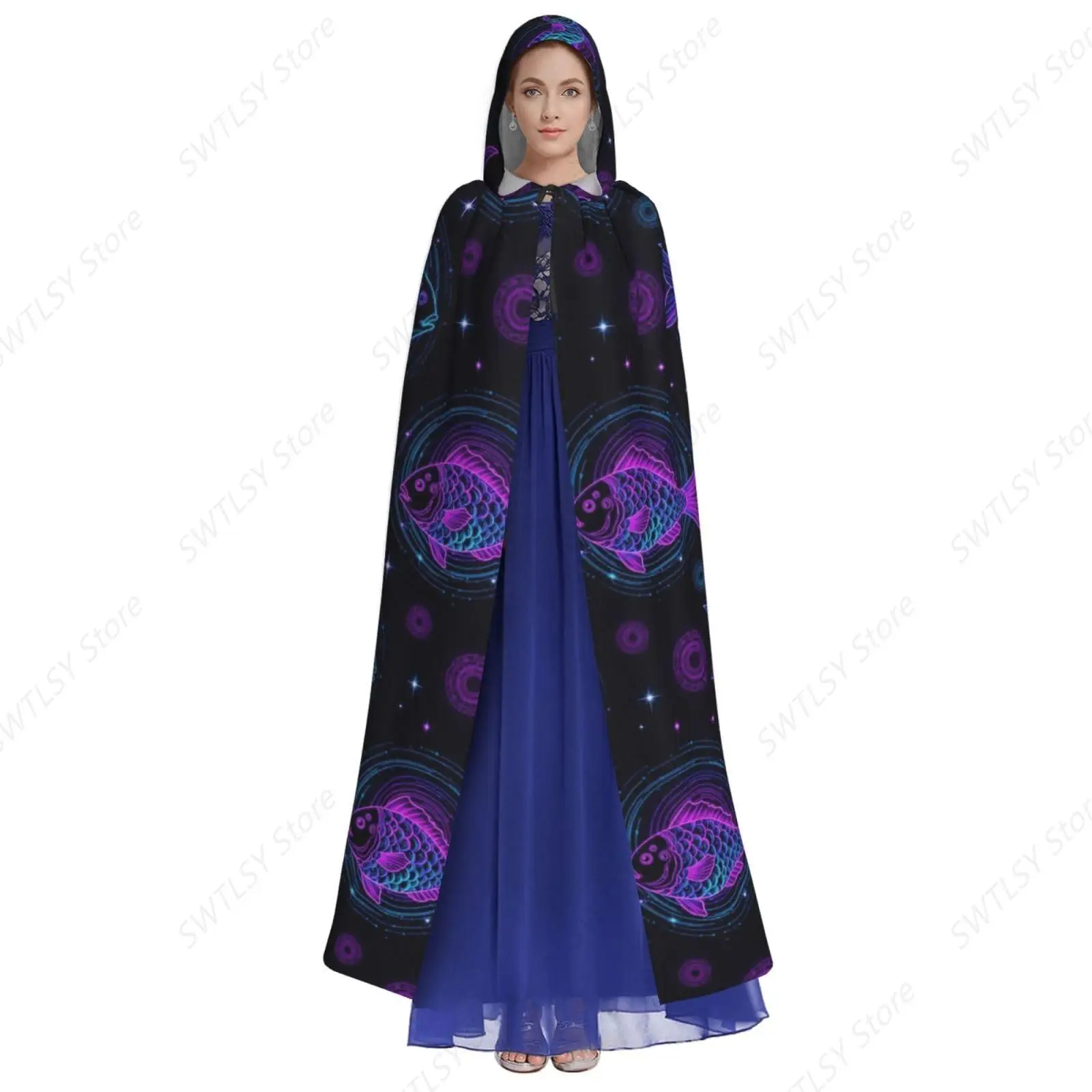 Women Men Hooded Cloak Cape Compatible with Constellation Zodiac Sign Pisces Fish for Halloween Christmas Cosplay Costumes