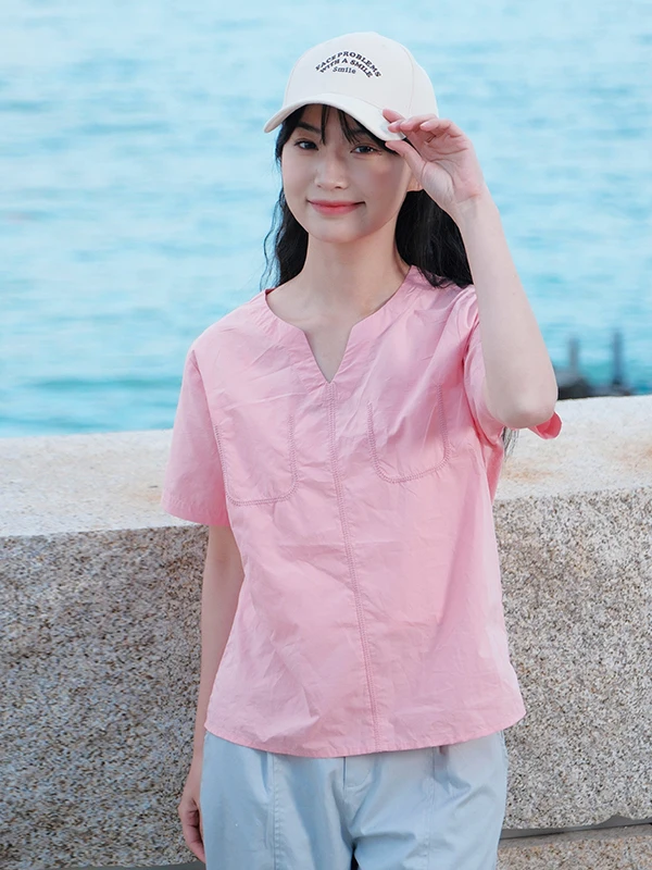 

Bukhara Original Cotton Casual ort Sve T-irt Summer New Arrival Slim Fit V-Ne Pure Color Button up Women's irt