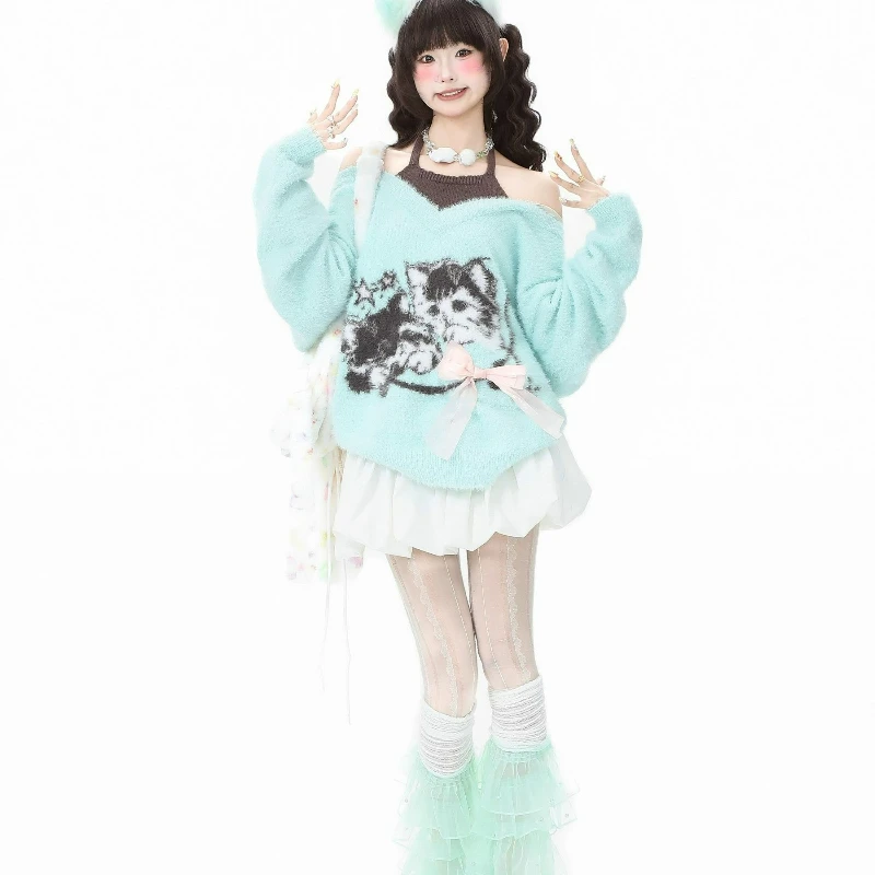 

New Style Fashionable Loose Knitted Sweater Laid-back Top 2026 Autumn/Winter Cat Jacquard V-neck Mink Knitted Sweater for Women