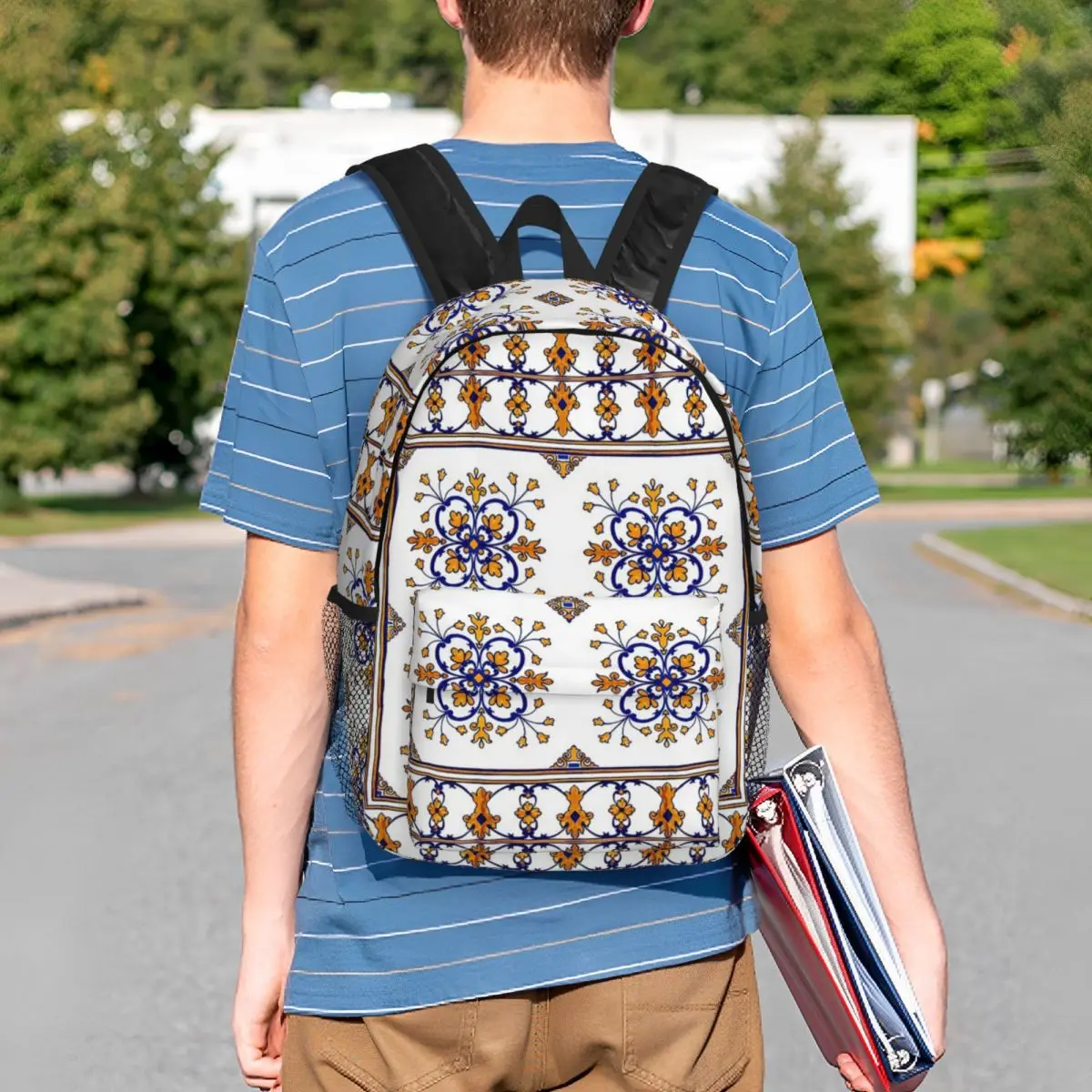 Traditional Portuguese Azulejo Blue Orange Floral Tile Pattern Backpack BookBag Men Women School Bag Computer Shoulder Bags