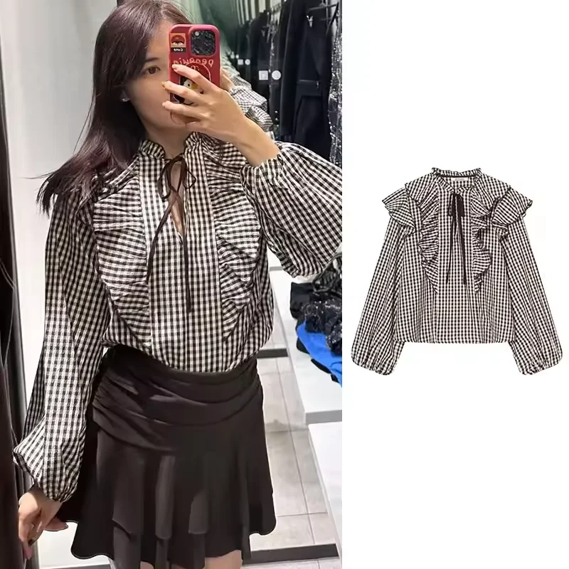 HipSeam Women Ruffled Gingham Shirt with Ties Spring Summer O Neck Long Sleeve Women's Shirt & Blouses FemaleRuffle Trims Tops