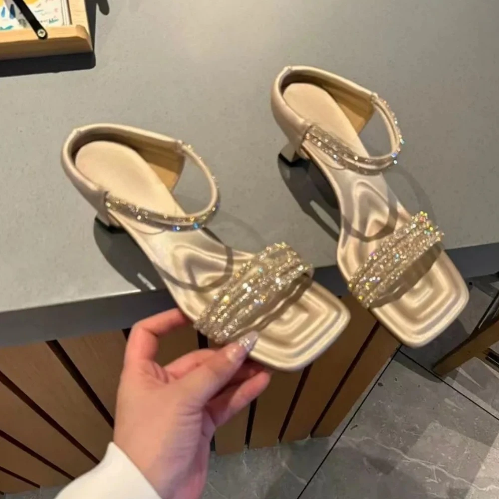 2026 New Summer Women's Zapatos Mujer Exquisite Rhinestone Square Toe Shoes Elegant Casual Shoes Unique Fashion Sandals