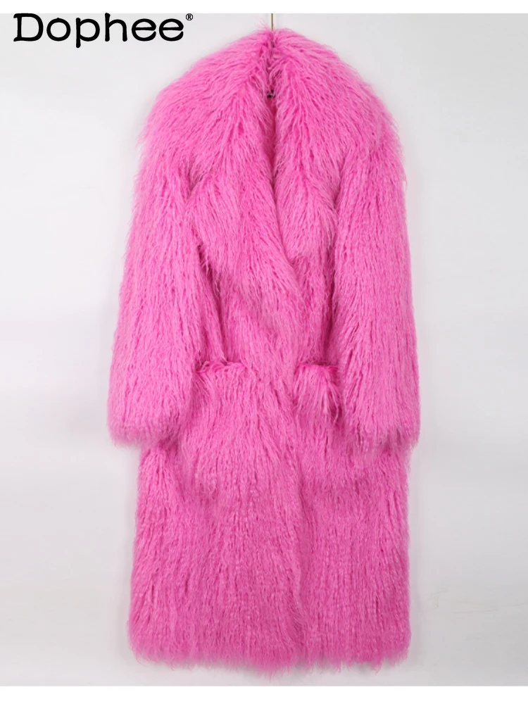 Sweet Pink Pocket Long Faux Fur Coats Female Fashion Large Lapel Loose Thick Warm Long Fur Fur Coat 2024 Winter Coat Women