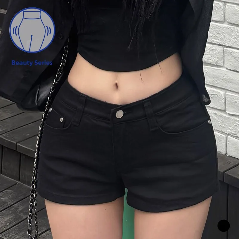

Low Waist Bla Denim orts Summer Cool Wide Hip Korean Sle Women's Faion Jeans orts Cotton Stretch Fabric