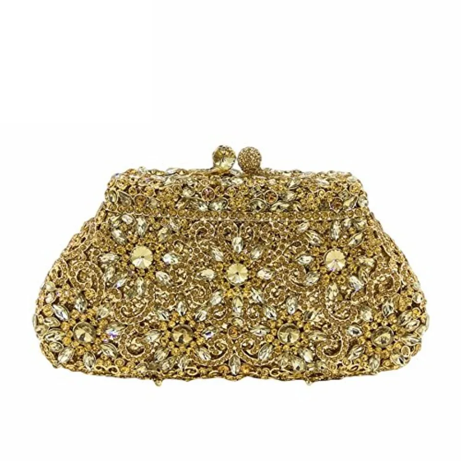 

Formal evening clutch purse for weddings and boutique events, crystal-embellished flower design on metallic crown-shaped minaud