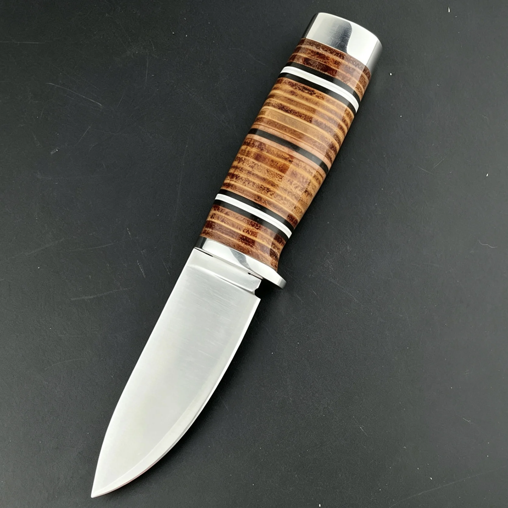 Outdoor Camping Bushcraft Utility Knife VG10 San Mai Steel Fixed Blade Knife Stacked Leather Handle with Sheath