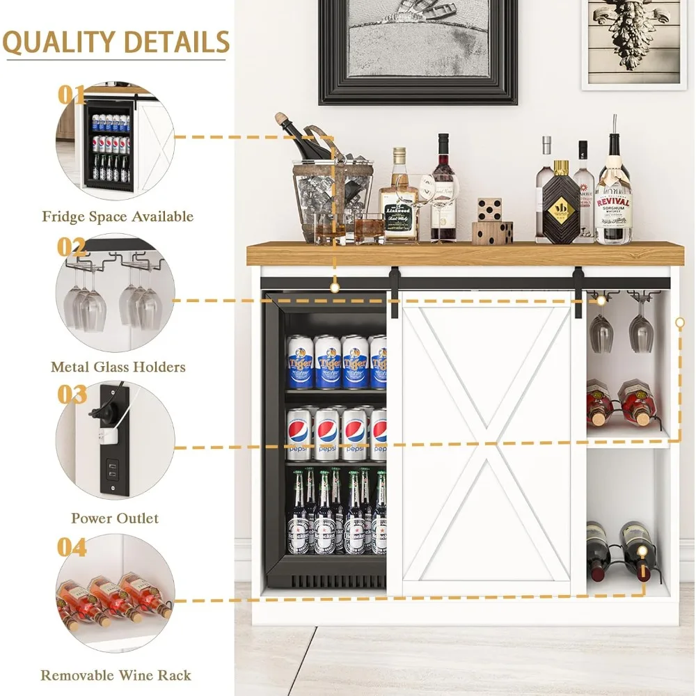 49’’ Coffee Bar Cabinet with Fridge Space, Farmhouse Large Wine Liquor Cabinet with Rack, Power Outlet, Wood Metal