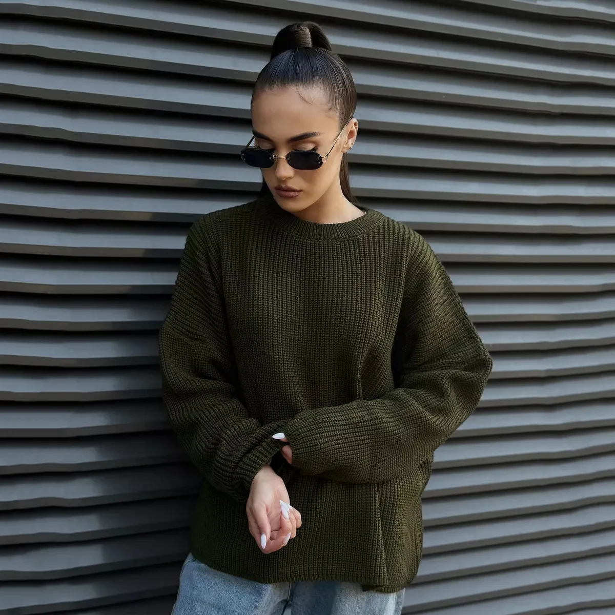 

Women Winter Sweater Casual And Fashionable Winter Solid Color Round Neck Loose Knitted Sweater Versatile Long-sleeved Pullover