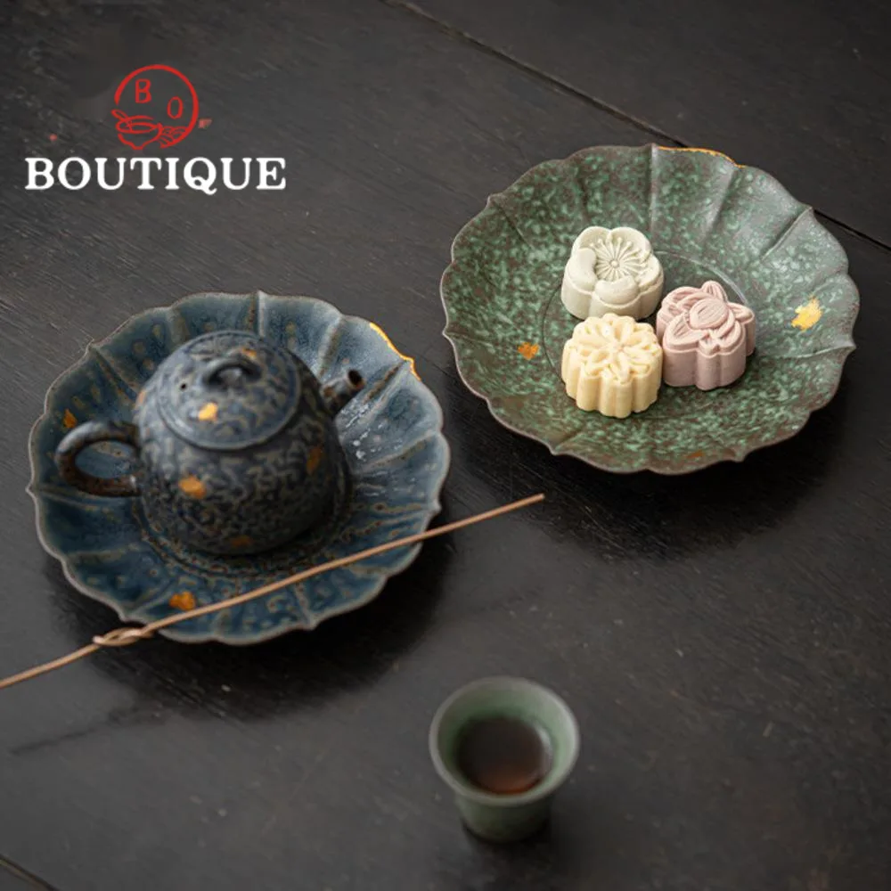 

Japanese Bronze Glaze Porcelain Pot Bearing Holder Zen Lotus Dry Brew Table Tea Tray Retro Fruit Snack Plate Teaware Decoration