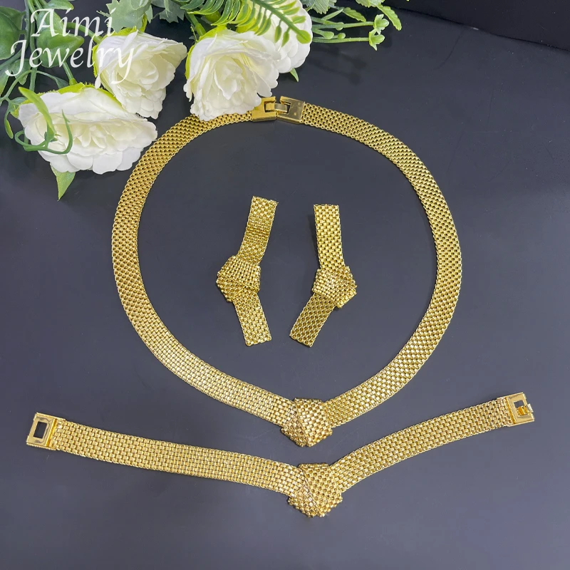 Dubai 18K Gold Earrings Necklace Bracelet Jewelry Set Fashion Women Africa Luxury Punk Jewellery Choker Wholesale Accessaries