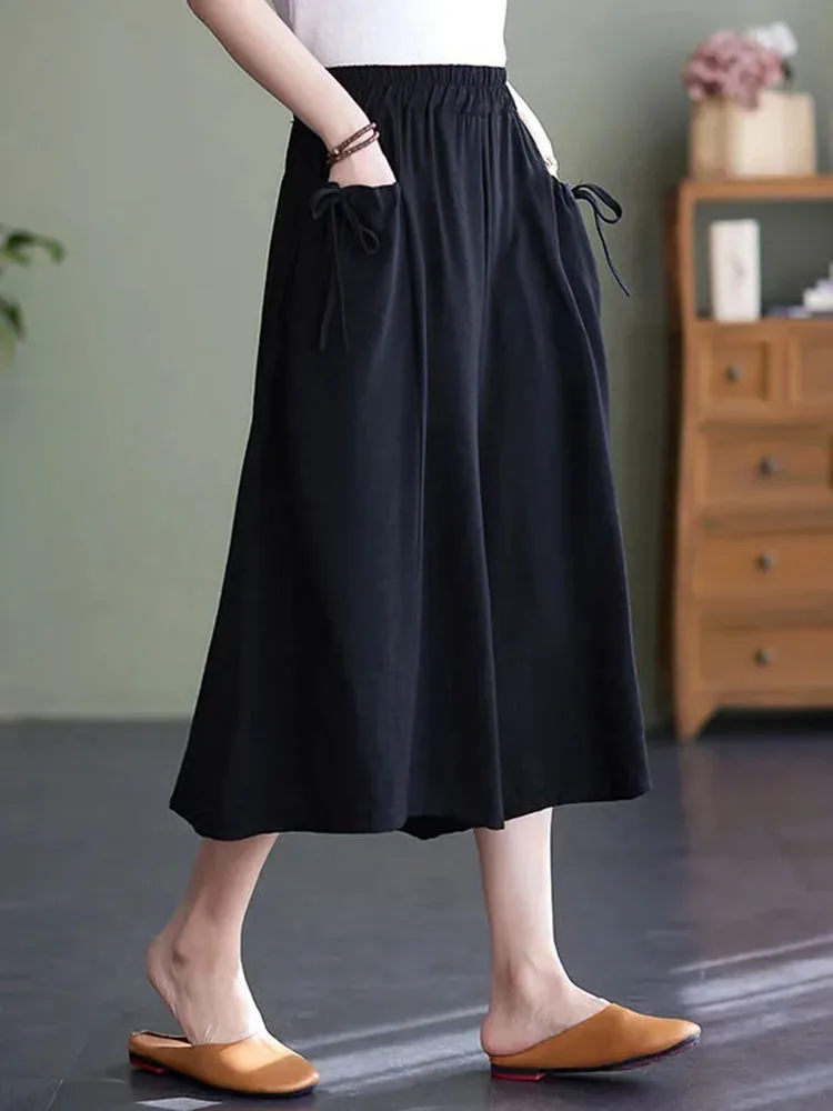 Summer Cotton Linen Culotte Capris Pants Casual Baggy Women High Waist Wide Leg Straight Trouser Mom\'s  Oversize 5xl Pantalones