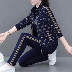 Women's Sportswear Set Spring and Autumn Leisure Long-sleeved Printed Zipper Coat Short-sleeved Underwear Trousers Three Sets