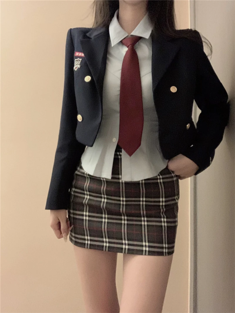 Koreanische Akademie Stil Frauen Kurz anzug Marine Blazer JK Uniform Set Frühling Herbst 2024 Langarmhemd Krawatte Hüft wickel Rock Anzug