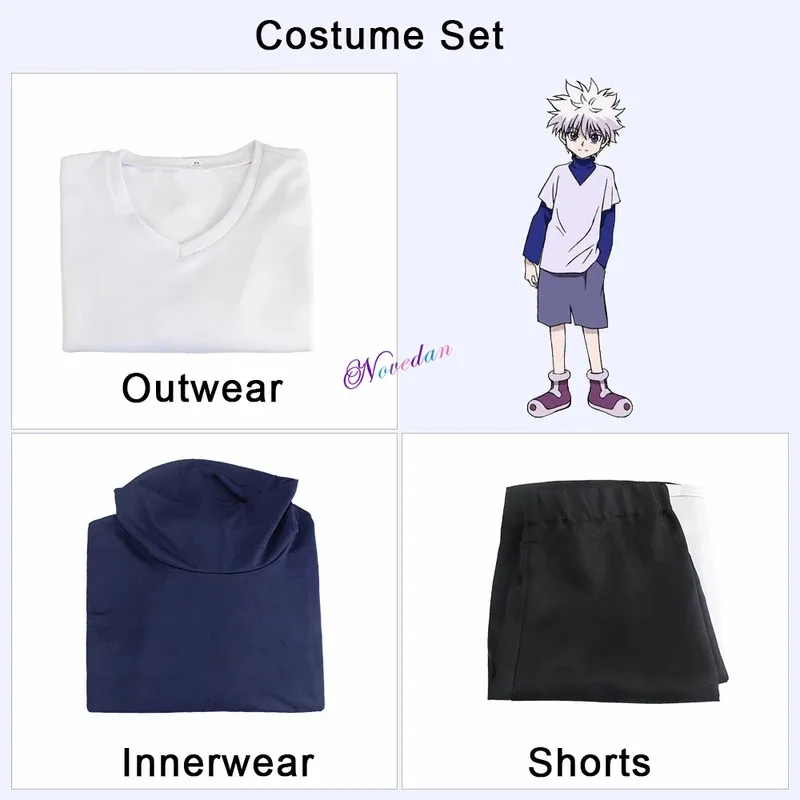 

2025 11 Anime Hunter Killua Zoldyck Cosplay Costume Number 99 Badge Halloween Christmas Party Suit Shirt Tshirt White Wig