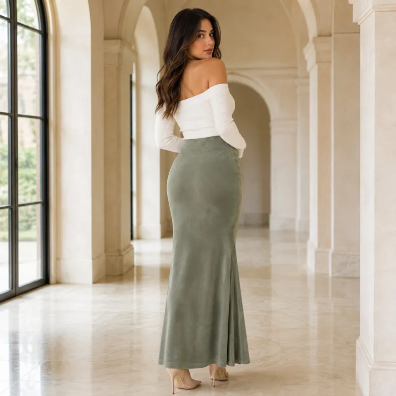 Green Velvet Mermaid Maxi Skirt Women High Waist Floor Length Long Pencil Skirt Elegant Bodycon Party Club Autumn Winter