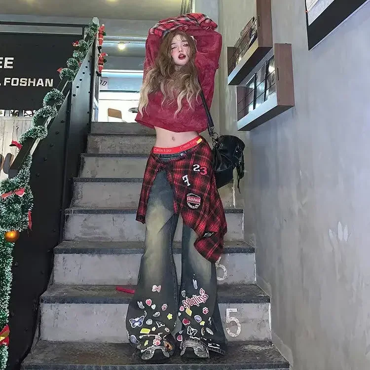 

Vintage High Waist Straight Leg Jeans for Women with Loose Fit Graffiti Design Casual Street Style Autumn Winter Pants